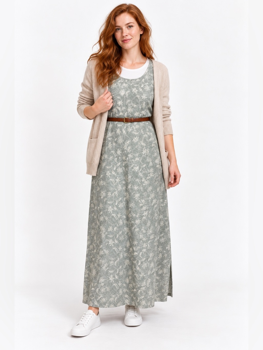 L.L.Bean Sage Green Floral Sleeveless Maxi Dress Size L 100% Cotton terry cloth